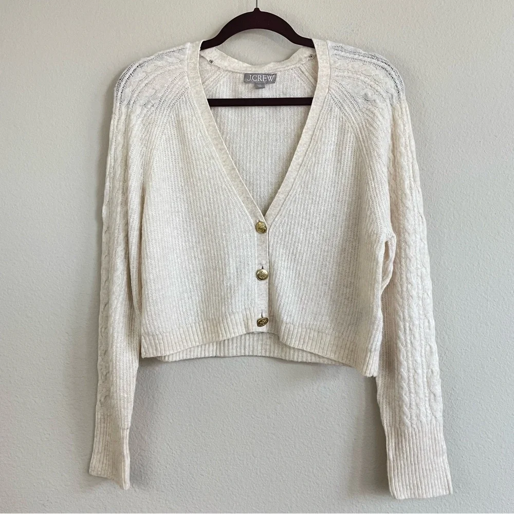 J. Crew Ivory Supersoft Cropped Cable Knit Merino Wool‎ Cardigan Size Medium